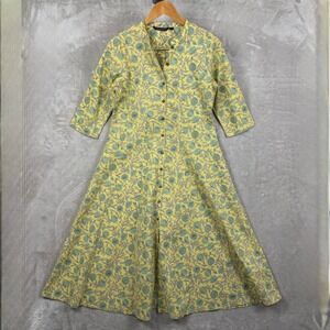 Rangmanch Yellow Floral Block Print Cotton Midi Dress Kurta 3/4 Sleeve Small